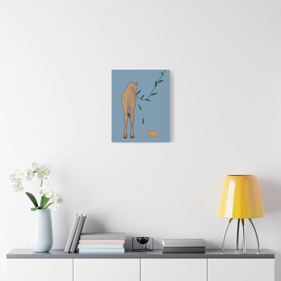 Capy Life minimalist canvas wall art featuring a giraffe and capybara illustration on a soft blue background.