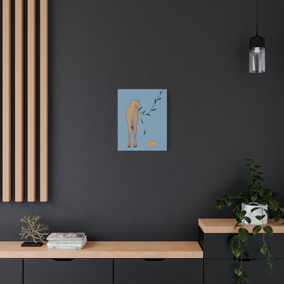 Capy Life giraffe and capybara minimalist canvas wall art hanging on a dark grey wall above a wooden console table.