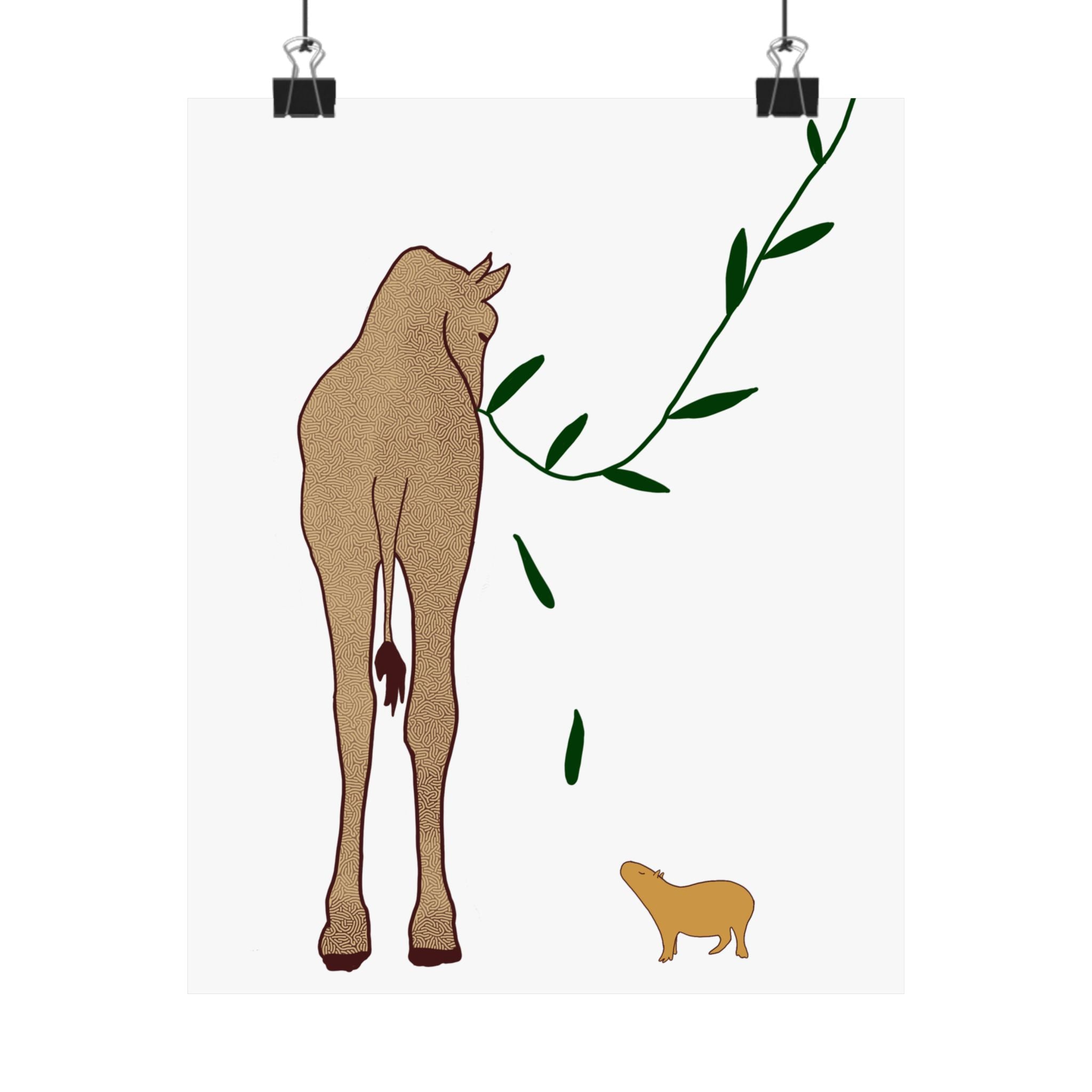 Capy Life minimalist wall art print featuring a textured giraffe and a small capybara on a neutral white background.