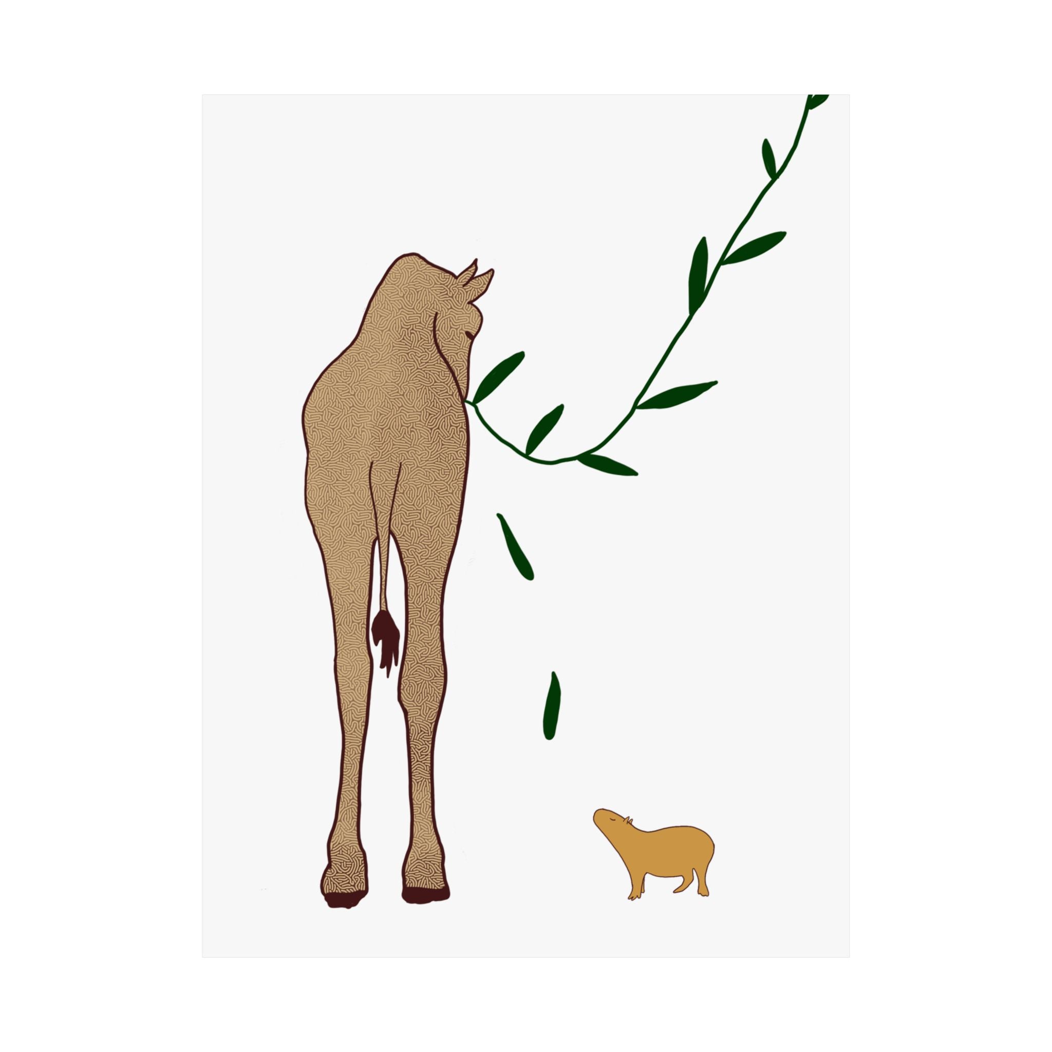 Capy Life minimalist wall art print featuring a textured giraffe and a small capybara on a neutral background.