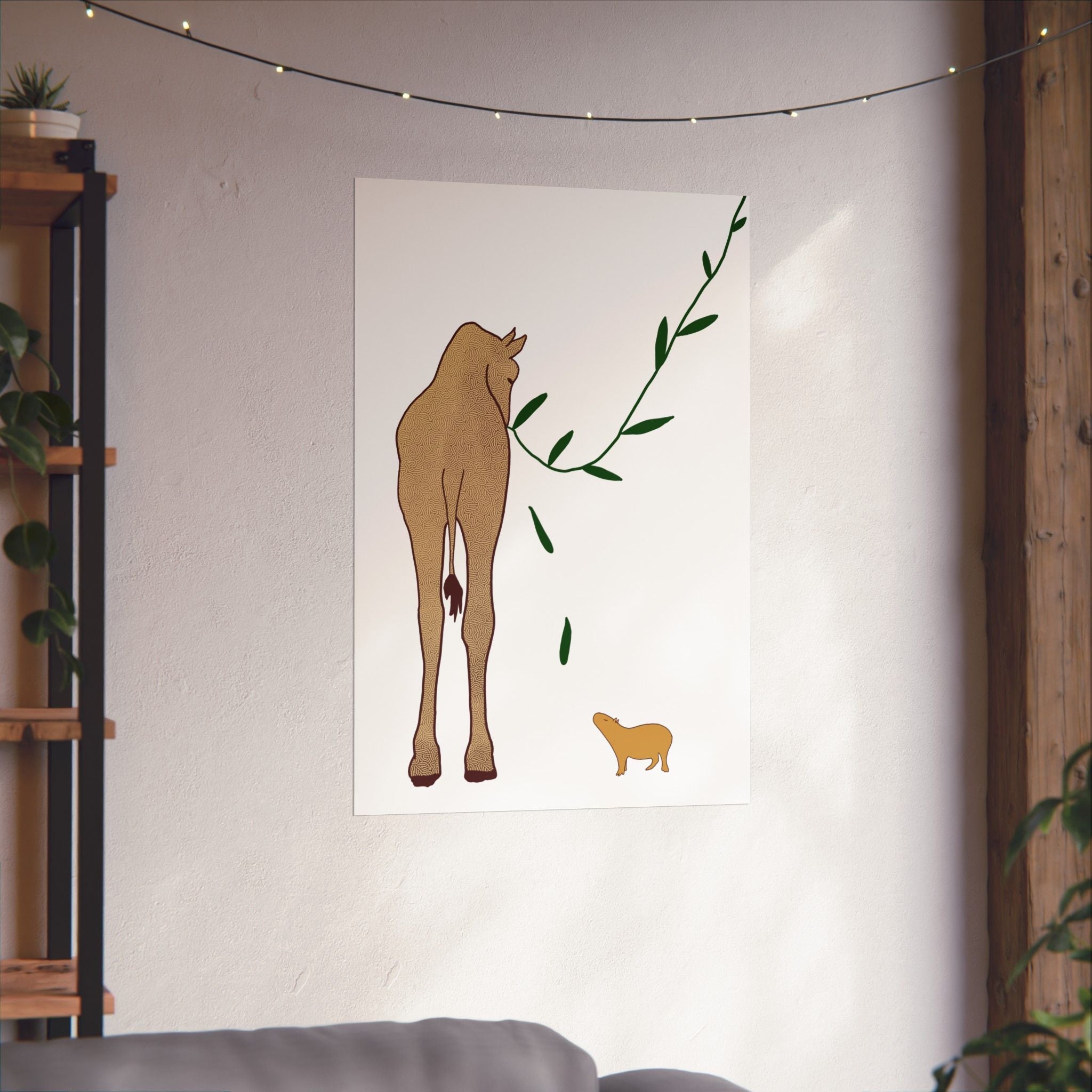 Capy Life minimalist wall art print featuring a giraffe and capybara in neutral tones on a modern living room wall.