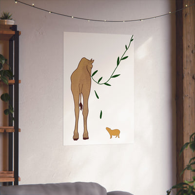 Capy Life minimalist wall art print featuring a giraffe and capybara in neutral tones on a modern living room wall.