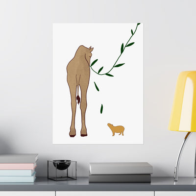Capy Life minimalist wall art print featuring a giraffe and a capybara on a neutral background in a modern room.