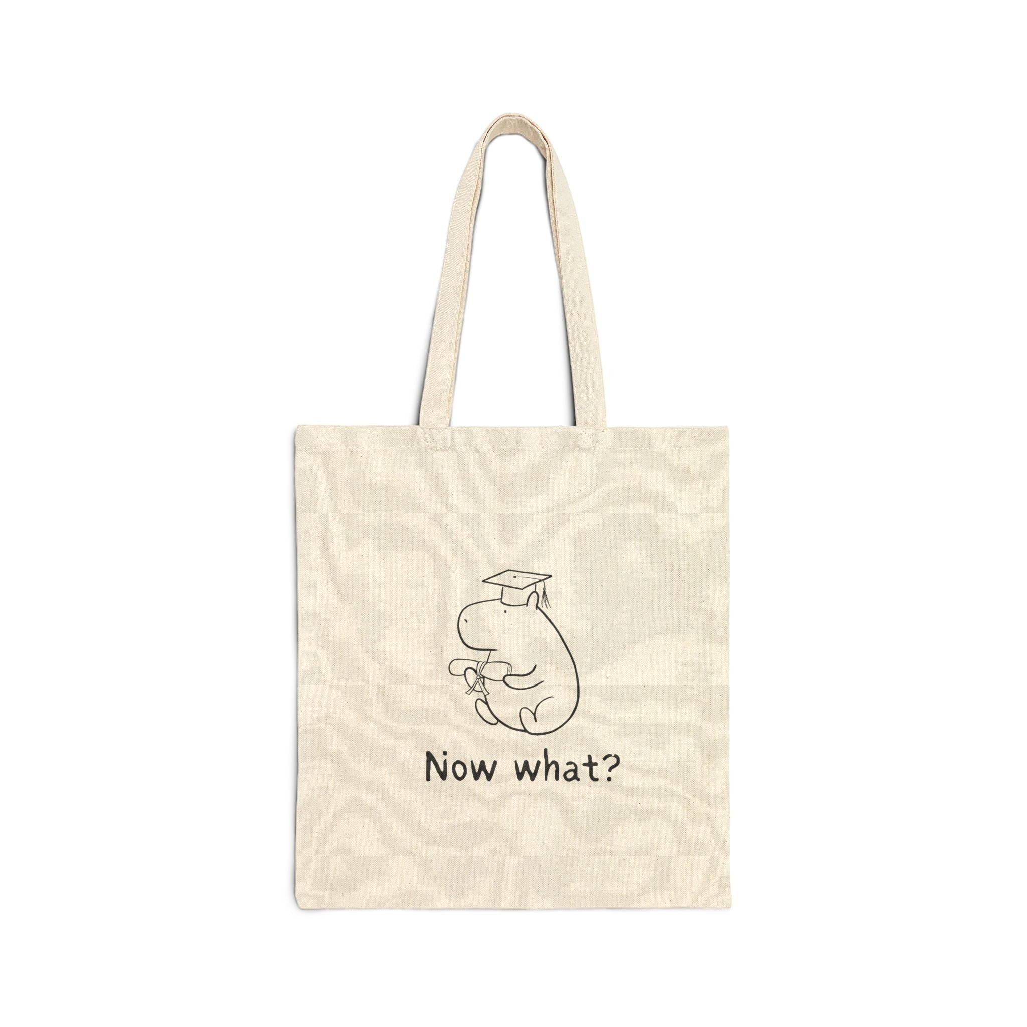 Capy Life natural cotton canvas tote bag with a minimalist capybara wearing a graduation cap and holding a diploma.