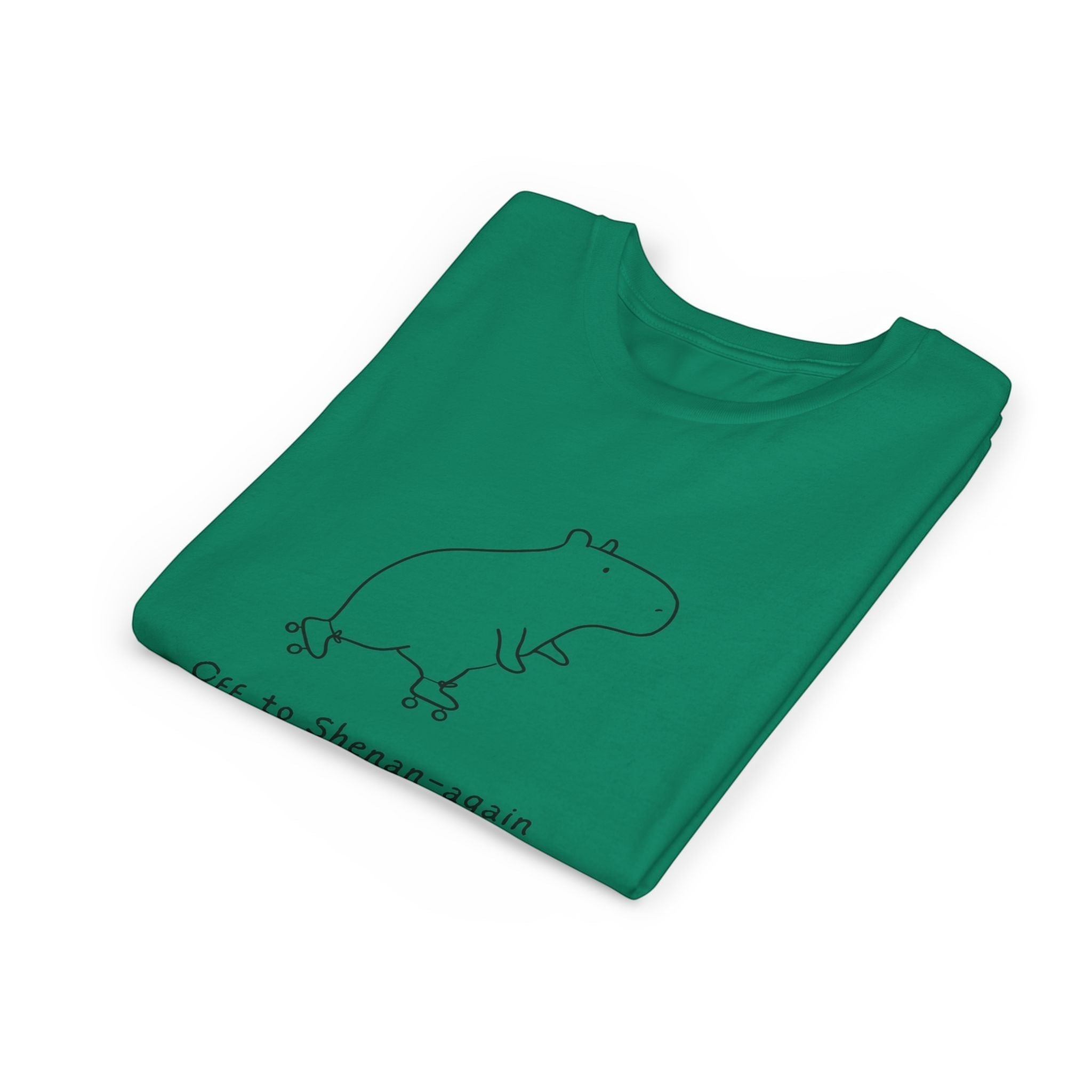 Capy Life green kids graphic tee featuring a doodle of a capybara on roller skates with the text Off to Shenan-again