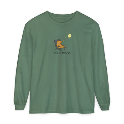 Capy Life long sleeve tee in sage green featuring a capybara in a folding chair under a moon with this is enough text