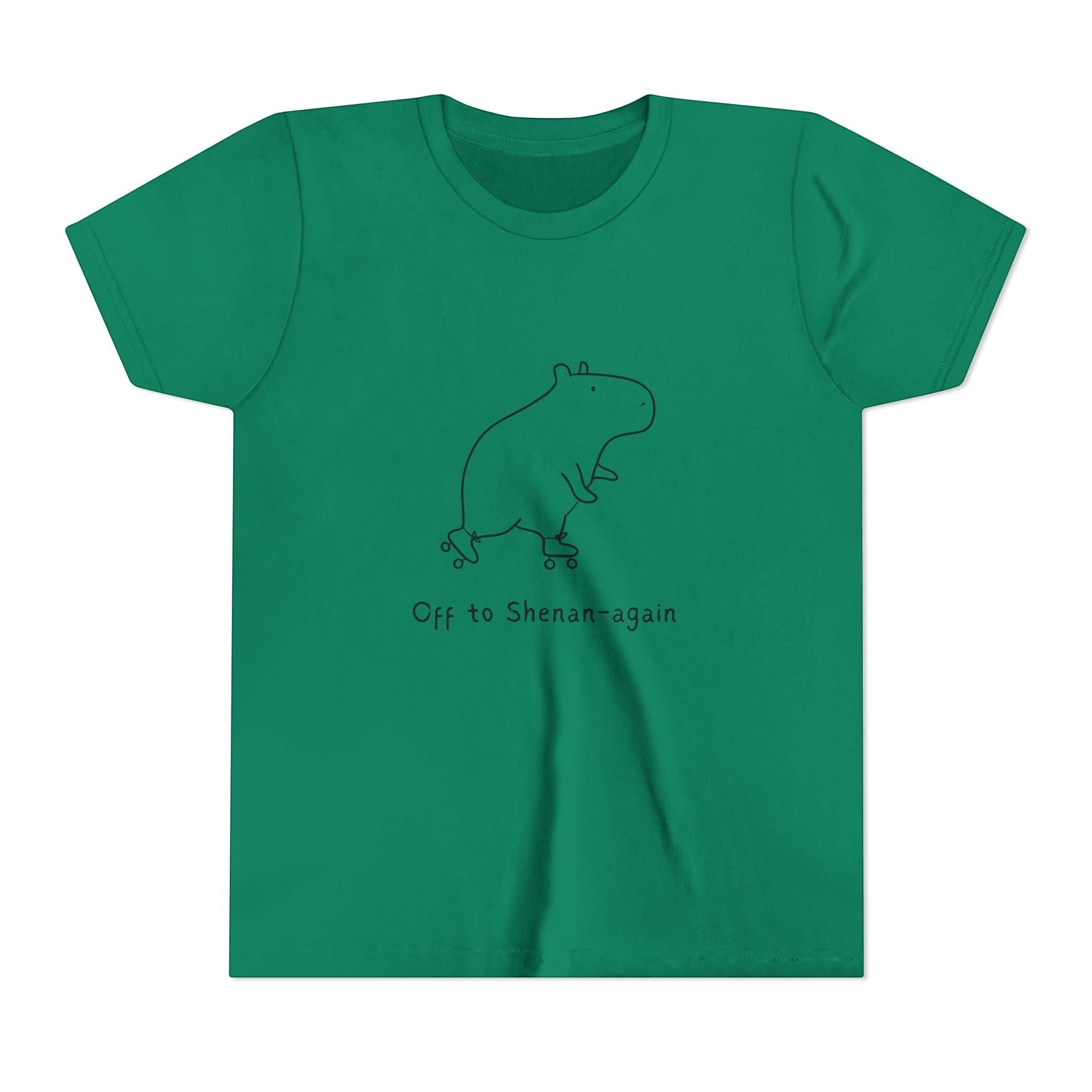 Capy Life green kids t-shirt featuring a minimalist doodle of a capybara on roller skates with funny text