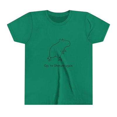 Capy Life green kids t-shirt featuring a minimalist doodle of a capybara on roller skates with funny text