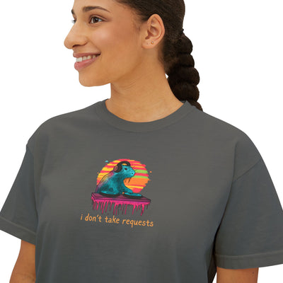 Capy Life women's grey boxy t-shirt featuring a retro DJ capybara graphic with the text I don't take requests.