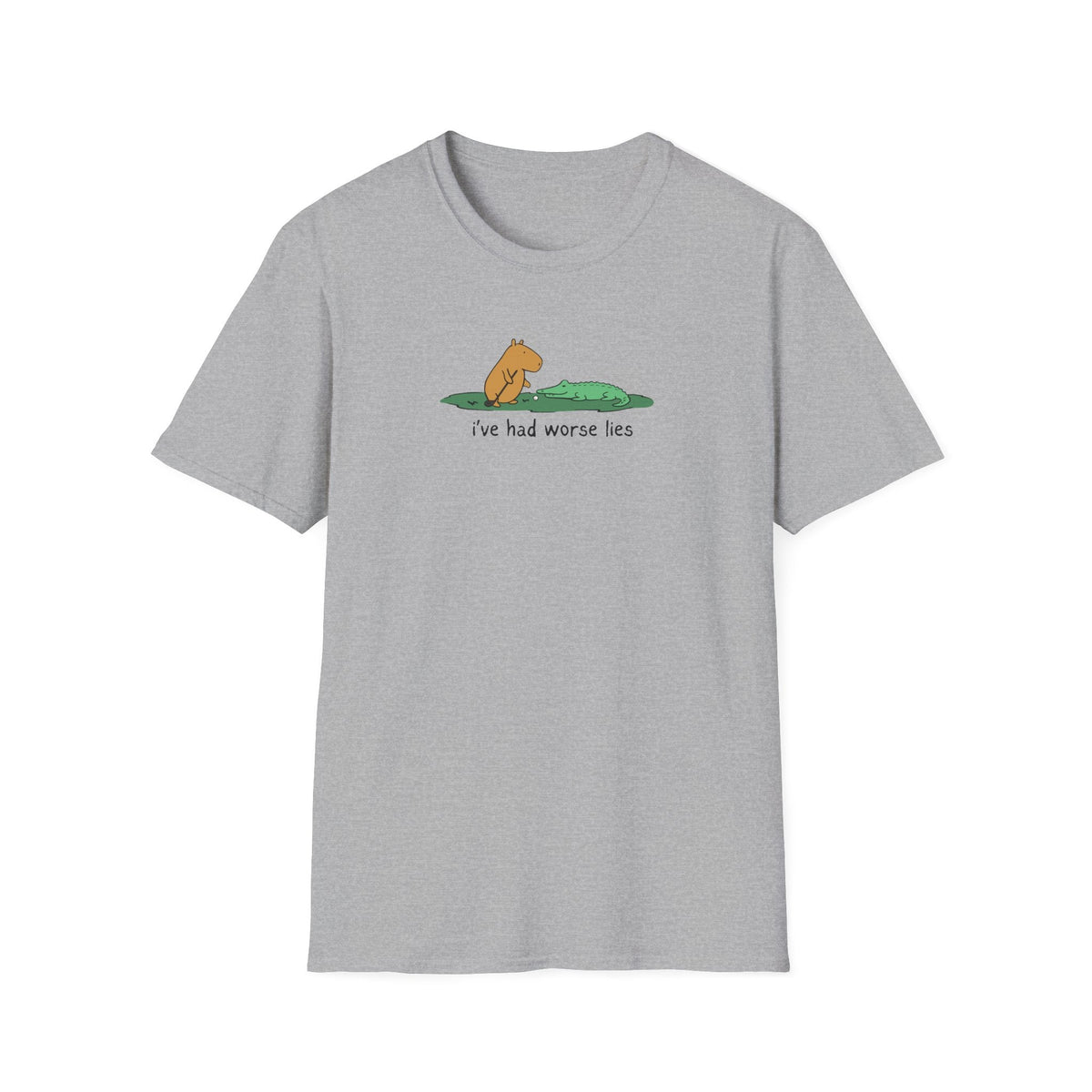 Capy Life grey softstyle t-shirt featuring a hand-drawn capybara and alligator illustration with the text I've had worse lies.