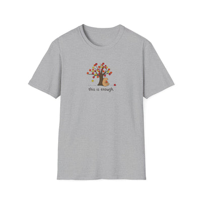 Capy Life grey softstyle t-shirt featuring a hand-drawn capybara under an autumn tree with the text this is enough.