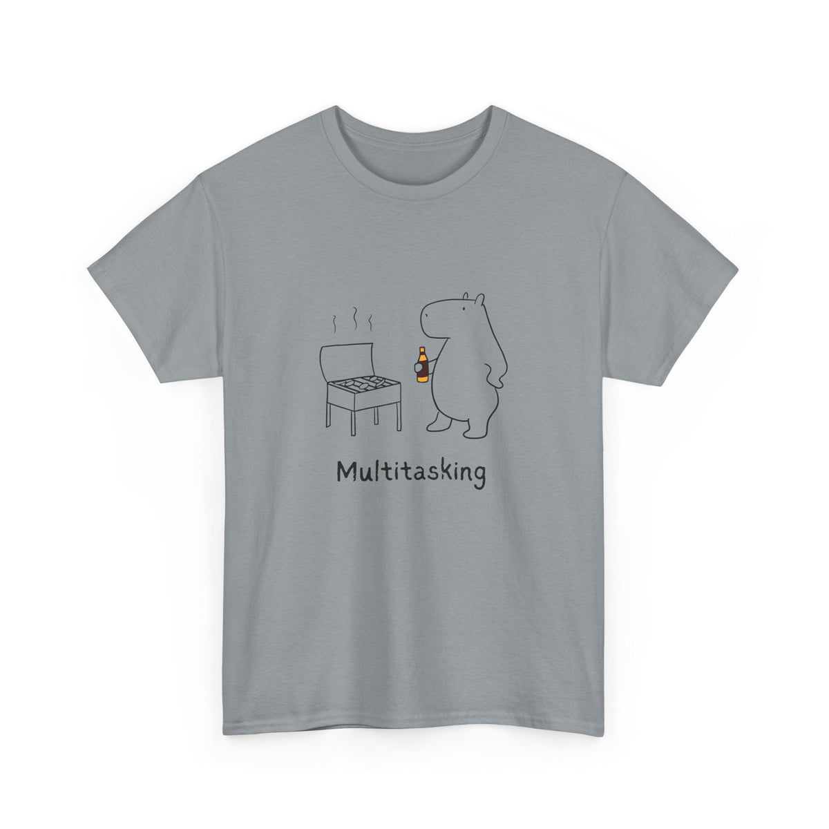 Capy Life grey heavy cotton t-shirt featuring a minimalist illustration of a capybara grilling with a drink.