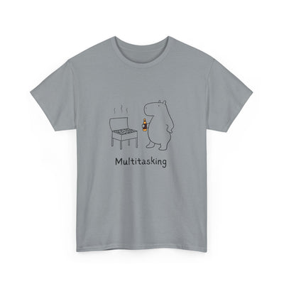 Capy Life grey heavy cotton t-shirt featuring a minimalist illustration of a capybara grilling with a drink.