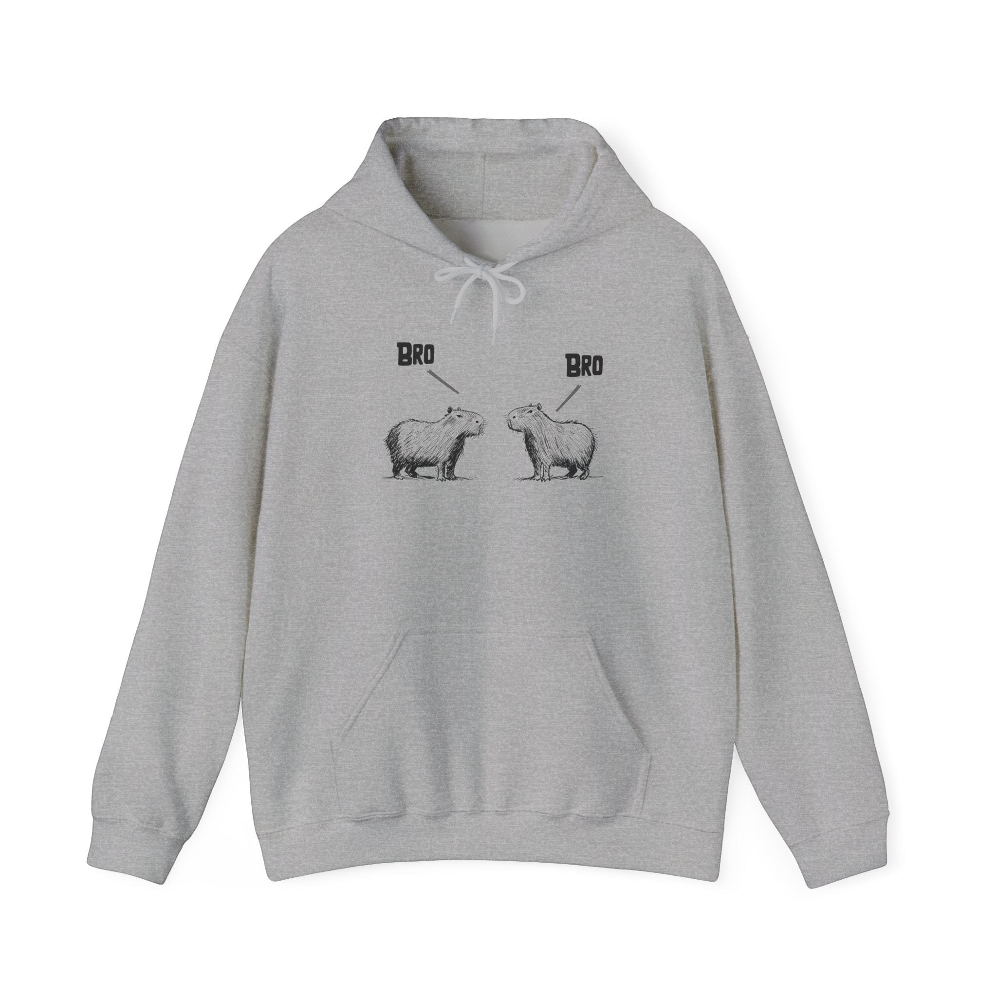Capy Life grey pullover hoodie featuring a sketch of two capybaras facing each other with the word Bro above each.