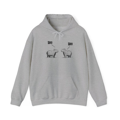 Capy Life grey pullover hoodie featuring a sketch of two capybaras facing each other with the word Bro above each.