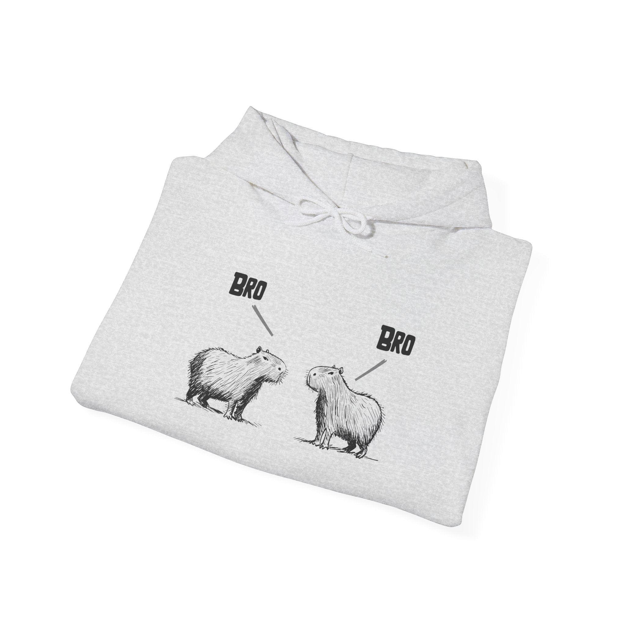 Capy Life light grey pullover hoodie featuring a funny sketch of two capybaras saying Bro to each other.