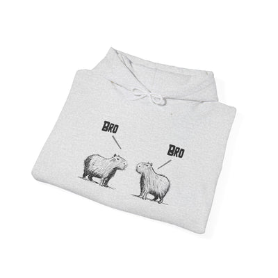 Capy Life light grey pullover hoodie featuring a funny sketch of two capybaras saying Bro to each other.