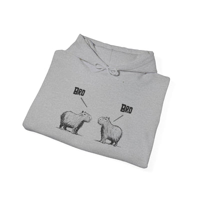 Capy Life grey pullover hoodie featuring a funny sketch of two capybaras facing each other with the word Bro above.