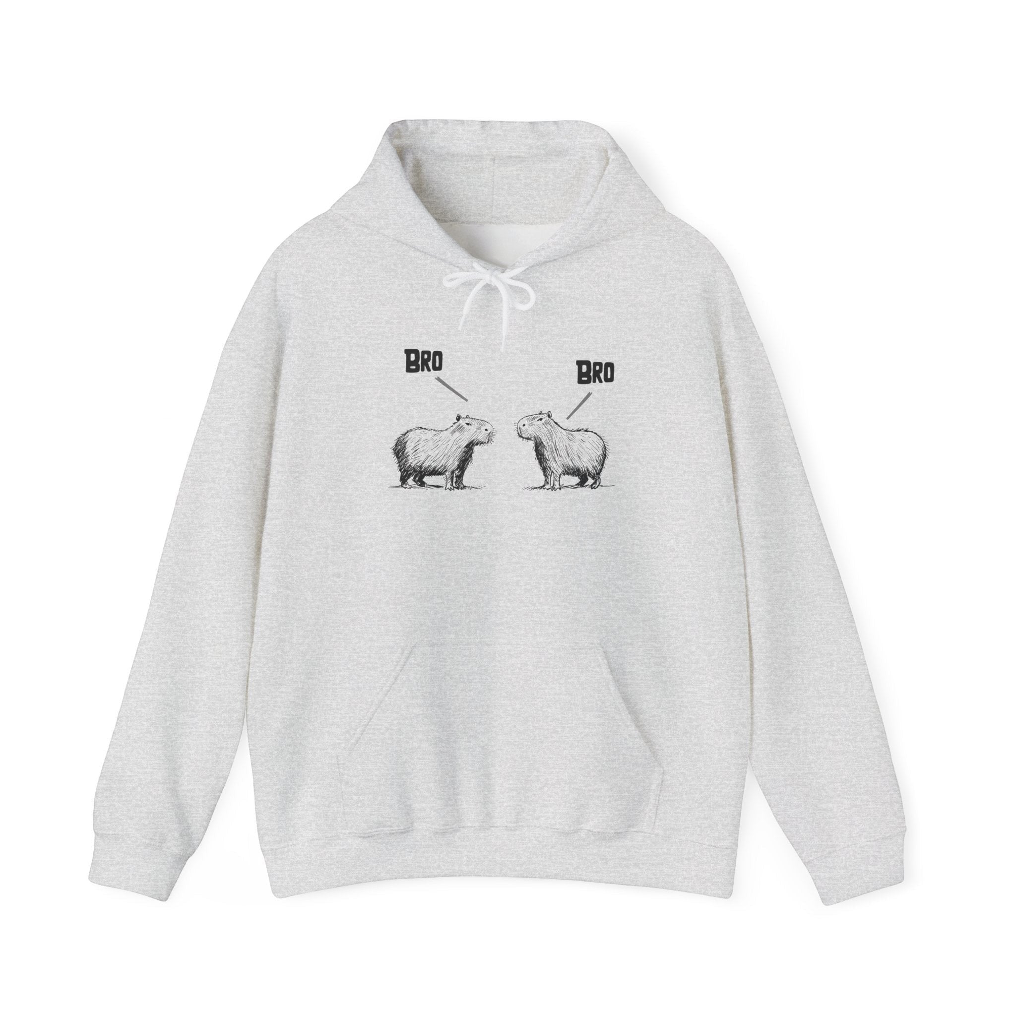 Capy Life light grey pullover hoodie featuring a sketch-style graphic of two capybaras saying Bro to each other.