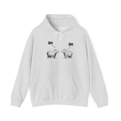 Capy Life light grey pullover hoodie featuring a sketch-style graphic of two capybaras saying Bro to each other.