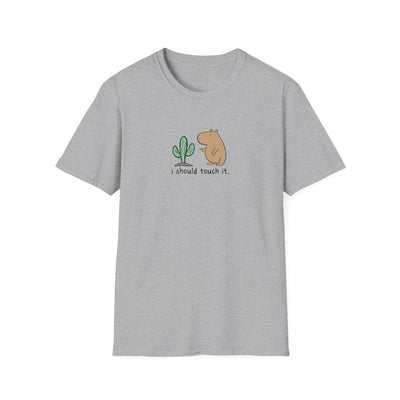 Capy Life grey softstyle t-shirt featuring a hand-drawn capybara contemplating touching a cactus with funny text.