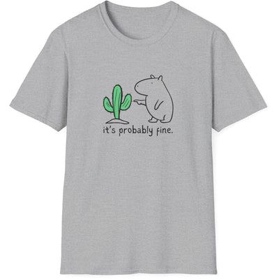 Capy Life grey softstyle t-shirt featuring a hand-drawn capybara pointing at a cactus with the text it is probably fine