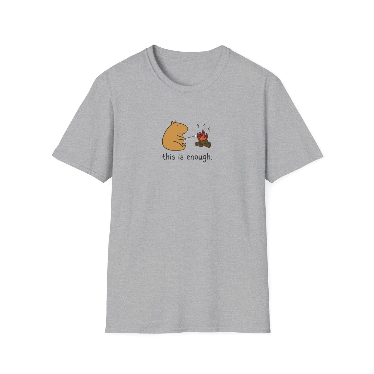 Capy Life grey softstyle t-shirt featuring a capybara roasting a marshmallow by a campfire with the text this is enough