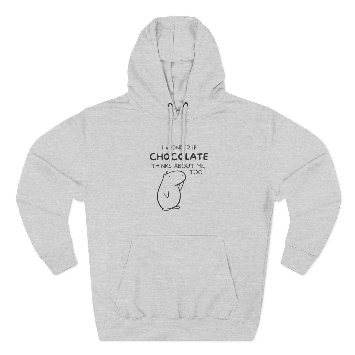Capy Life grey premium hoodie featuring Gene the Capybara line art and I Wonder If Chocolate Thinks About Me Too text