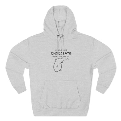 Capy Life grey premium hoodie featuring Gene the Capybara line art and I Wonder If Chocolate Thinks About Me Too text