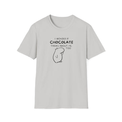 Capy Life light grey softstyle t-shirt featuring a black line art capybara and the text I wonder if chocolate thinks about me too.