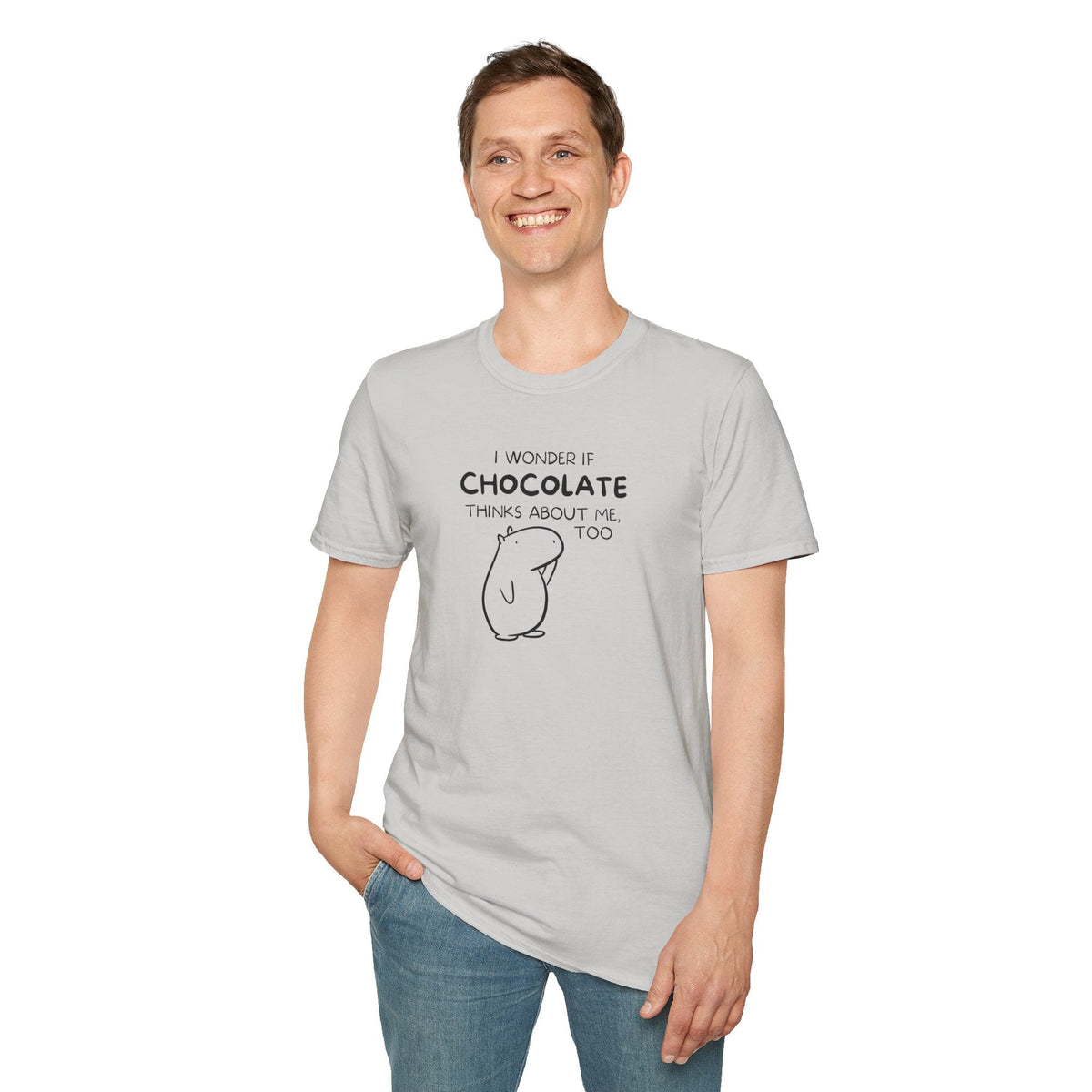 Capy Life light grey softstyle t-shirt featuring a cute capybara line art graphic and funny chocolate quote text.