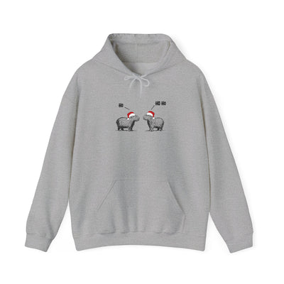 Capy Life grey hoodie featuring a sketch of two capybaras in Santa hats saying Ho and Ho Ho for a funny Christmas look