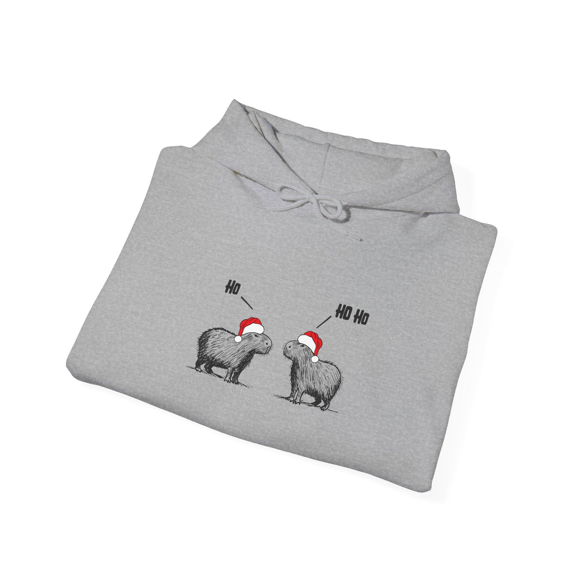 Capy Life grey hoodie featuring a sketch of two capybaras in Santa hats saying Ho and Ho Ho for Christmas