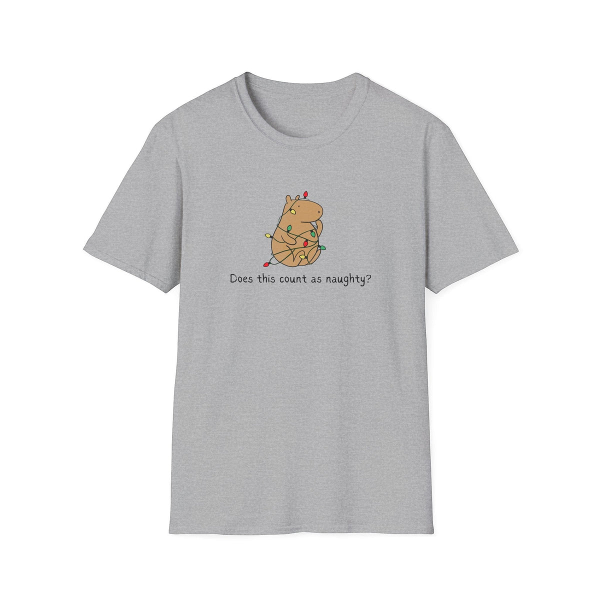 Capy Life grey softstyle t-shirt featuring a hand-drawn capybara tangled in colorful Christmas lights with text.