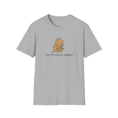 Capy Life grey softstyle t-shirt featuring a hand-drawn capybara tangled in colorful Christmas lights with text.