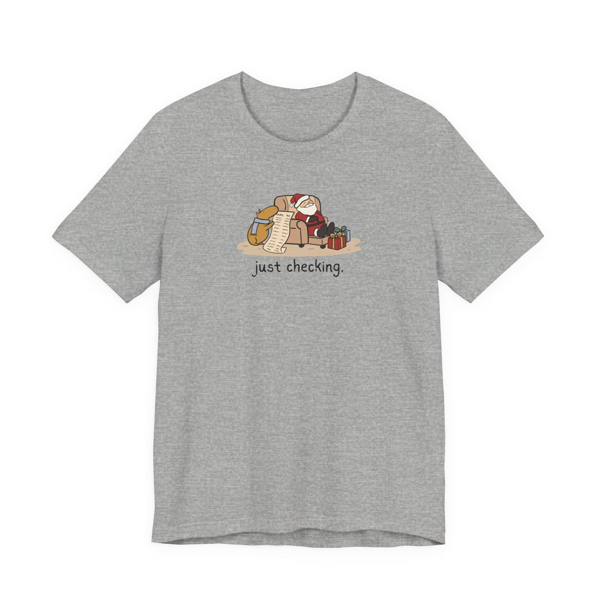 Capy Life grey t-shirt featuring a hand-drawn capybara checking Santa's naughty or nice list while he naps.