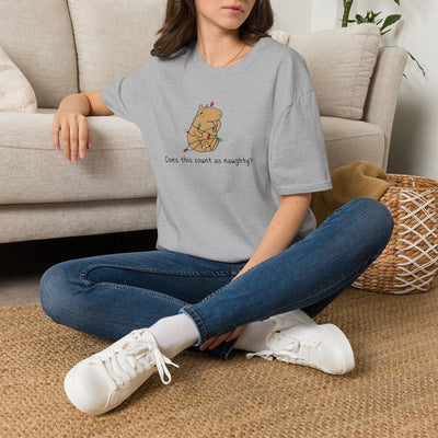 Capy Life grey softstyle t-shirt featuring a hand-drawn capybara tangled in Christmas lights with funny holiday text.