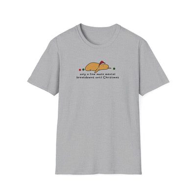 Capy Life grey softstyle t-shirt featuring a cartoon capybara in a Santa hat with the text Mental Breakdowns Christmas