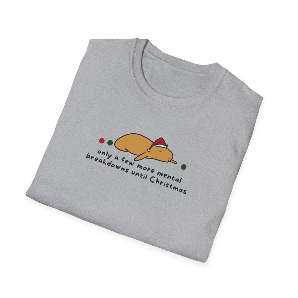 Capy Life grey softstyle t-shirt featuring a tired capybara in a Santa hat with funny Christmas text.