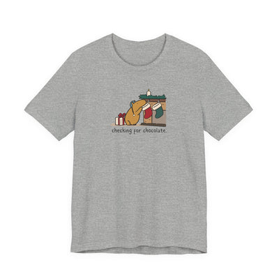 Capy Life grey softstyle t-shirt featuring a hand-drawn capybara checking a Christmas stocking for chocolate.
