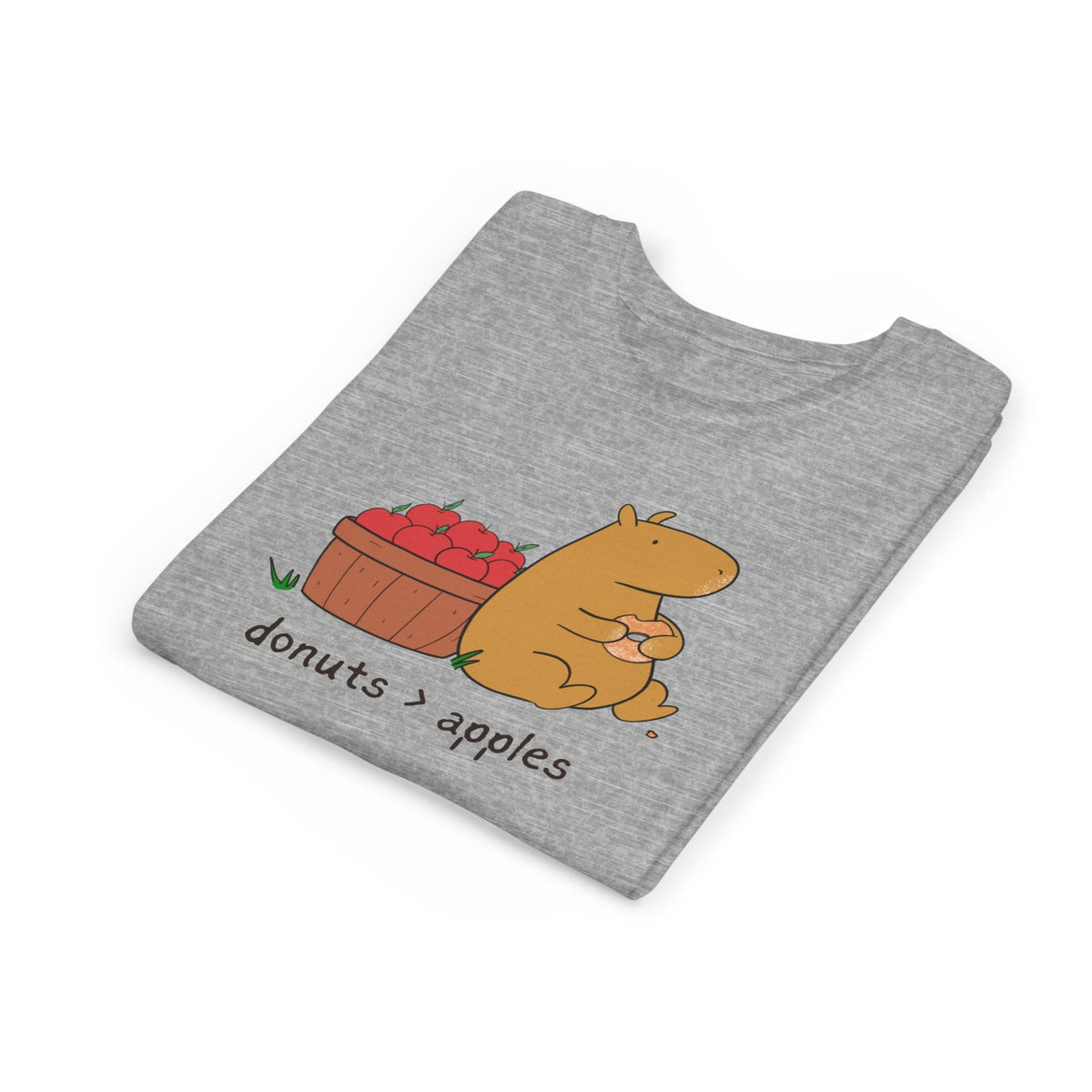 Capy Life youth t-shirt in grey featuring a hand-drawn capybara with a basket of apples and a cider donut graphic.
