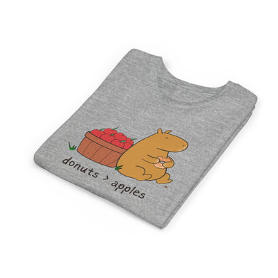 Capy Life youth t-shirt in grey featuring a hand-drawn capybara with a basket of apples and a cider donut graphic.