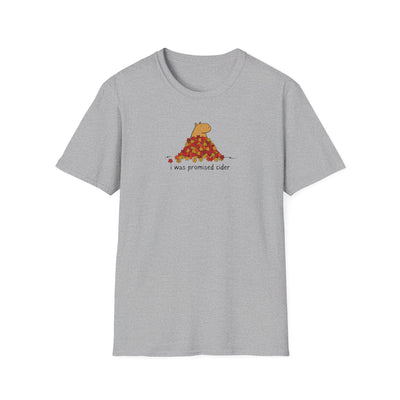 Capy Life grey softstyle t-shirt featuring a cute capybara in autumn leaves with the text i was promised cider