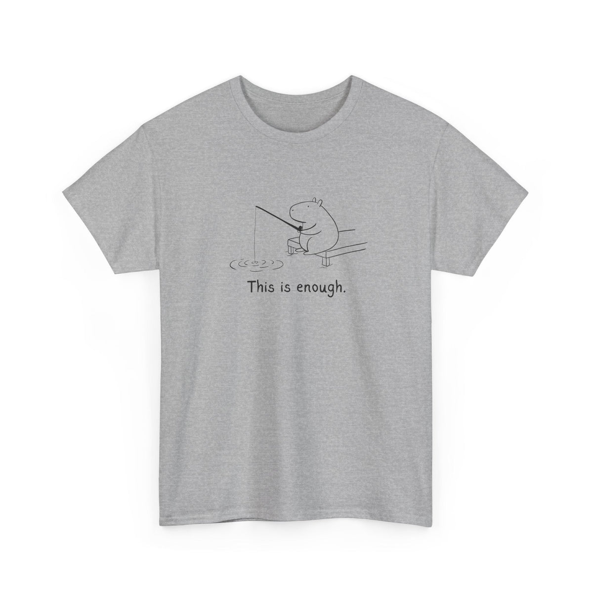 Capy Life grey heavy cotton t-shirt featuring a minimalist black line drawing of a capybara fishing with text.