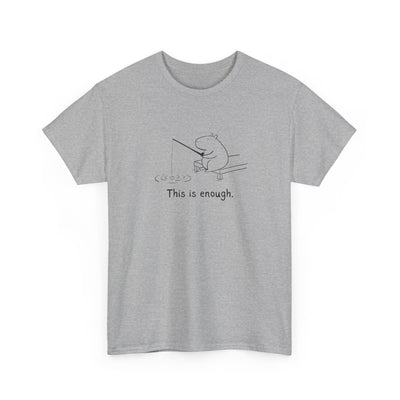 Capy Life grey heavy cotton t-shirt featuring a minimalist black line drawing of a capybara fishing with text.