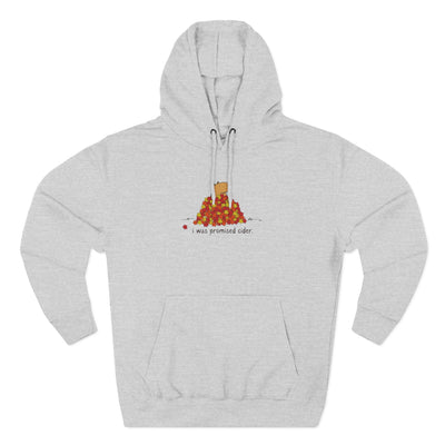 Capy Life grey fleece hoodie featuring a capybara in autumn leaves with the text I was promised cider.