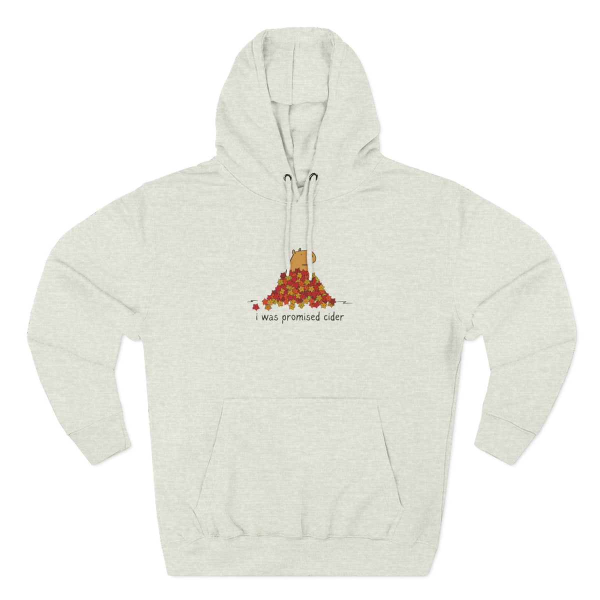 Capy Life fleece hoodie in heather grey featuring a graphic of a capybara in autumn leaves with the text I was promised cider