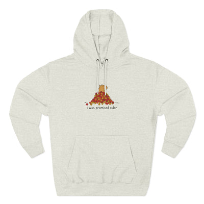 Capy Life fleece hoodie in heather grey featuring a graphic of a capybara in autumn leaves with the text I was promised cider