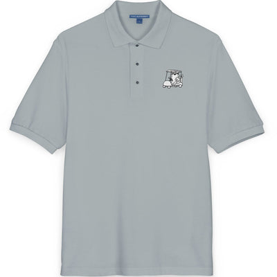 Capy Life grey golf polo shirt featuring a small embroidered capybara driving a golf cart on the left chest.
