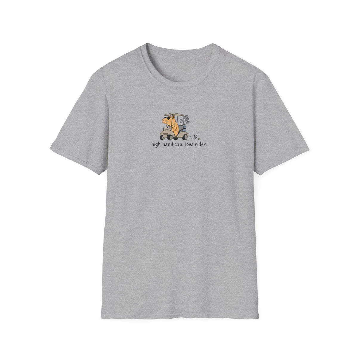 Capy Life grey softstyle t-shirt featuring a capybara in a golf cart with the text high handicap low rider